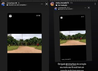 Richarlison compartilha nas redes sociais vídeo em que ‘Meia Trocada’ refaz jogada do golaço na Copa