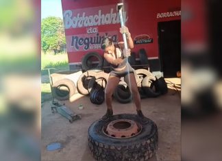 Mulher chama atenção nas redes sociais ao encarar serviço pesado em borracharia no TO; VÍDEO