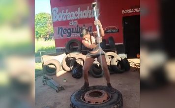Mulher chama atenção nas redes sociais ao encarar serviço pesado em borracharia no TO; VÍDEO
