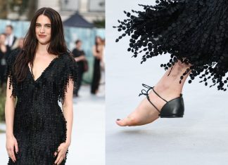 Margaret Qualley usa sapato inusitado em evento; modelo é apelidado de ‘sandália descalça’